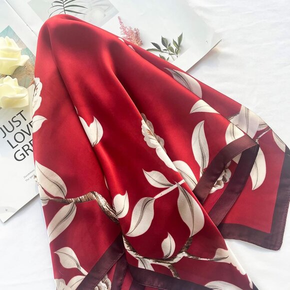 Silk Feeling Scarf Medium Square Satin Head 03 Red Flowers - Picture 4 of 7